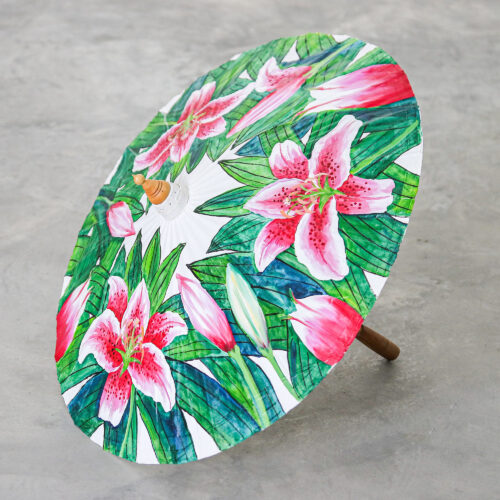 Hand-Painted Lily-Themed Cotton and Bamboo Parasol, 'Lily Days' Hand-Painted Lily-Themed Cotton and Bamboo Parasol, 'Lily Days'