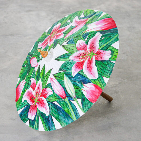 Hand-Painted Lily-Themed Cotton and Bamboo Parasol, 'Lily Days' Hand-Painted Lily-Themed Cotton and Bamboo Parasol, 'Lily Days'