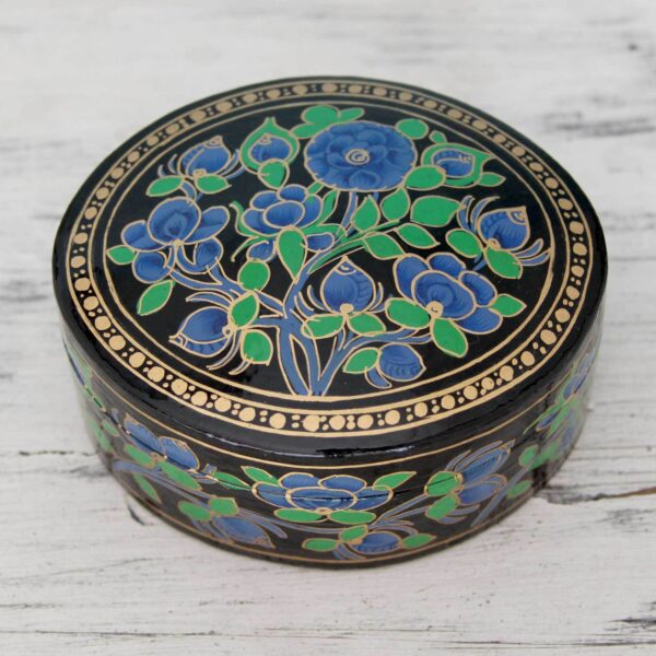 Hand Painted Papier Mache Round Decorative Box, 'Blue Grandeur' Hand Painted Papier Mache Round Decorative Box, 'Blue Grandeur'