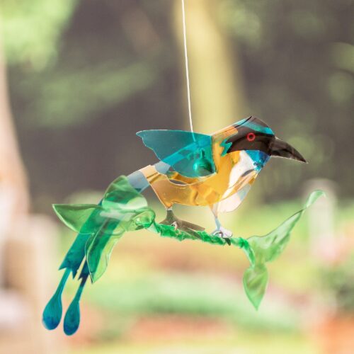 Hand-Painted Recycled Plastic Mobile of an Amazonian Motmo, 'Ethereal Fauna'