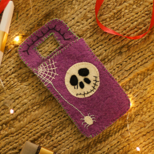 Handcrafted Halloween-Themed Purple Wool Felt Mobile Case, 'Spooky Vibes' Handcrafted Halloween-Themed Purple Wool Felt Mobile Case, 'Spooky Vibes'