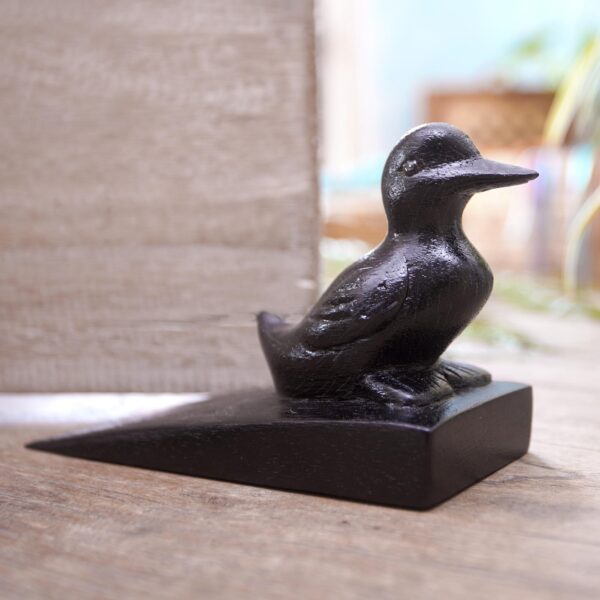 Handcrafted Suar Wood Duck Doorstop in Black from Bali, 'Helpful Duck in Black' Handcrafted Suar Wood Duck Doorstop in Black from Bali, 'Helpful Duck in Black'