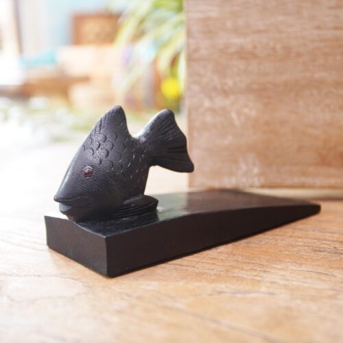 Handcrafted Suar Wood Fish Doorstop in Black from Bali, 'Helpful Goldfish in Black' Handcrafted Suar Wood Fish Doorstop in Black from Bali, 'Helpful Goldfish in Black'