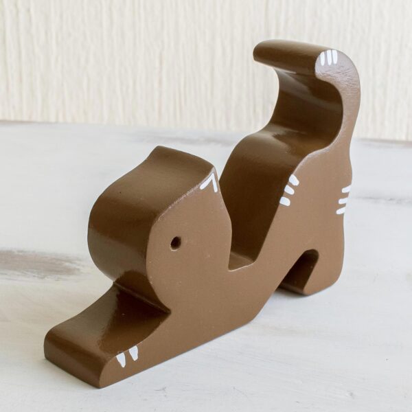 Handmade Cedar Wood Cat Phone Holder, 'Stretching Cat in Brown' Handmade Cedar Wood Cat Phone Holder, 'Stretching Cat in Brown'