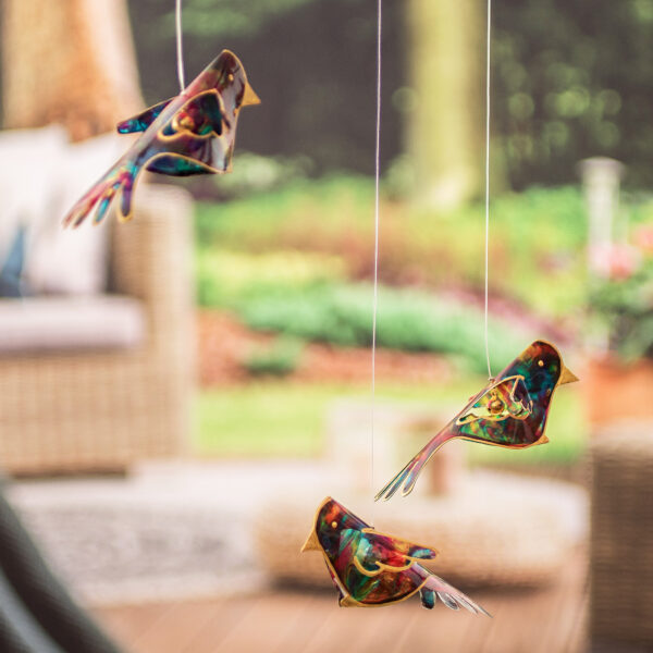 Handmade Recycled Plastic Mobile with Three Vibrant Birds, 'Enchanted Flight' Handmade Recycled Plastic Mobile with Three Vibrant Birds, 'Enchanted Flight'