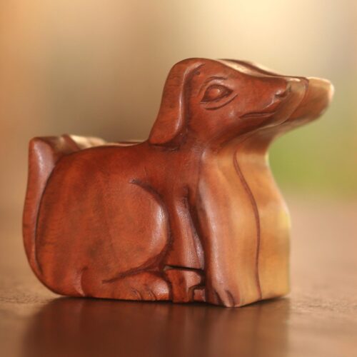 Handmade Suar Wood Dog Puzzle Box from Bali, 'Playful Dog' Handmade Suar Wood Dog Puzzle Box from Bali, 'Playful Dog'