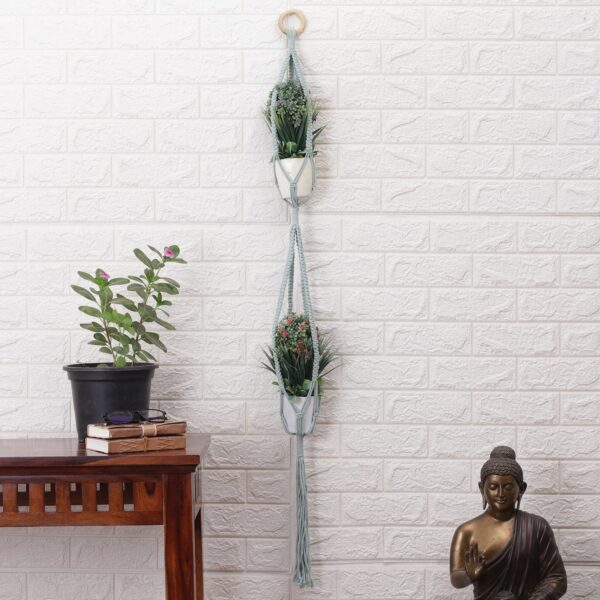 Handwoven Blue Macrame Cotton Hanging Planter with Wood Ring, 'Blue Element' Handwoven Blue Macrame Cotton Hanging Planter with Wood Ring, 'Blue Element'