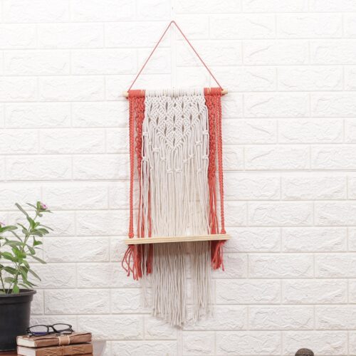 Handwoven Red and Ivory Cotton Macrame Hanging Shelf, 'Audacious Swing' Handwoven Red and Ivory Cotton Macrame Hanging Shelf, 'Audacious Swing'