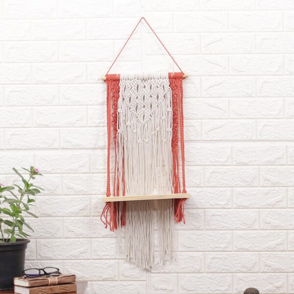 Handwoven Red and Ivory Cotton Macrame Hanging Shelf, 'Audacious Swing' Handwoven Red and Ivory Cotton Macrame Hanging Shelf, 'Audacious Swing'