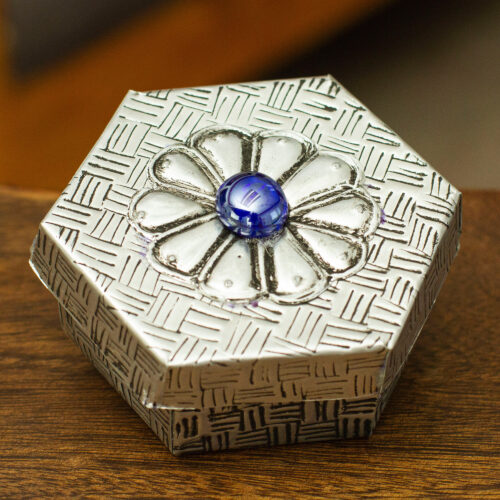 Hexagonal Aluminum Decorative Box with Flower from Mexico, 'Hexagonal Blue' Hexagonal Aluminum Decorative Box with Flower from Mexico, 'Hexagonal Blue'