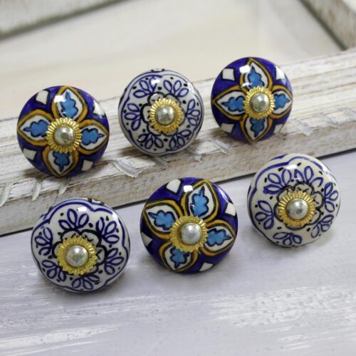 Multicolored Floral Ceramic Knobs from India (Set of 6), 'Royal Garden' Multicolored Floral Ceramic Knobs from India (Set of 6), 'Royal Garden'