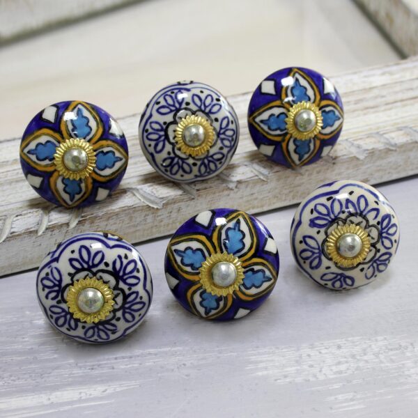 Multicolored Floral Ceramic Knobs from India (Set of 6), 'Royal Garden' Multicolored Floral Ceramic Knobs from India (Set of 6), 'Royal Garden'