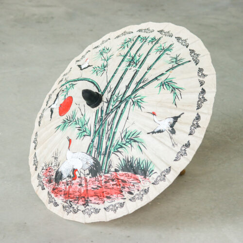 Paper And Bamboo Parasol with Asian Crane Motif, 'Crane Morning'