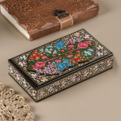 Papier Mache Wood Decorative Box Hand-Painted in India, 'Black Kashmir Treasures' Papier Mache Wood Decorative Box Hand-Painted in India, 'Black Kashmir Treasures'
