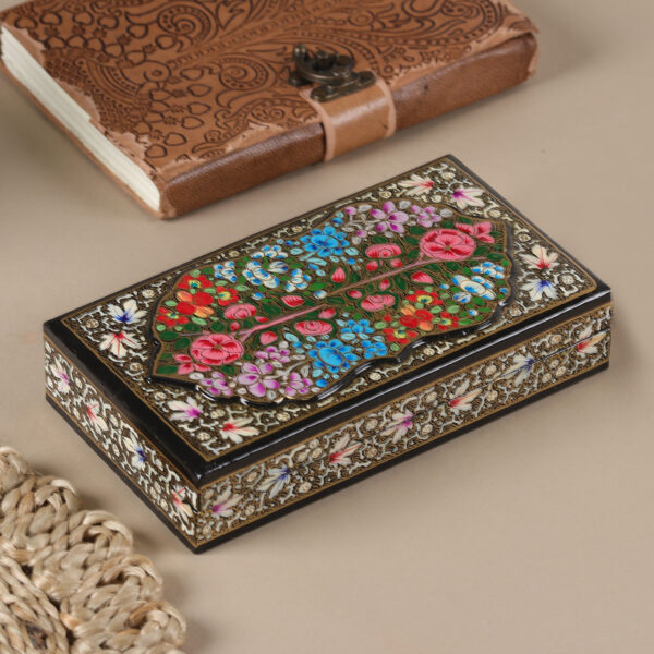 Papier Mache Wood Decorative Box Hand-Painted in India, 'Black Kashmir Treasures' Papier Mache Wood Decorative Box Hand-Painted in India, 'Black Kashmir Treasures'