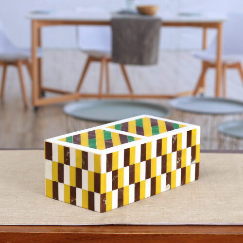 Patterned Yellow and Brown Resin Decorative Box from India, 'Checkered Creativity' Patterned Yellow and Brown Resin Decorative Box from India, 'Checkered Creativity'