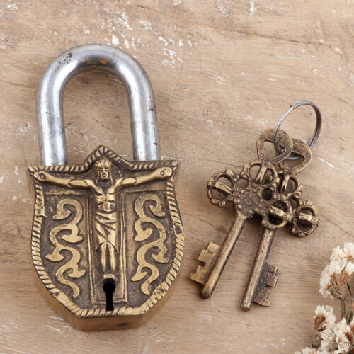 Religious Brass Lock and Key Set Crafted in India (3 Pieces), 'Faith Secret' Religious Brass Lock and Key Set Crafted in India (3 Pieces), 'Faith Secret'