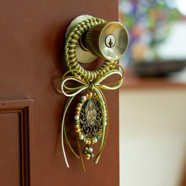 Religious Green and Brown Glass Beaded Door Knob Hanger, 'Guadalupe's Emblem' Religious Green and Brown Glass Beaded Door Knob Hanger, 'Guadalupe's Emblem'