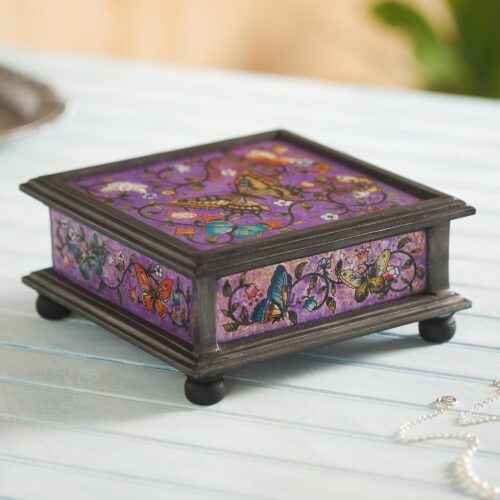 Reverse Painted Glass Decorative Box with Butterflies, 'Purple Winter Butterflies' Reverse Painted Glass Decorative Box with Butterflies, 'Purple Winter Butterflies'