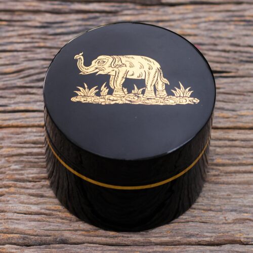 Round Lacquerware Box with Elephant Motif, 'Elephant Play' Round Lacquerware Box with Elephant Motif, 'Elephant Play'