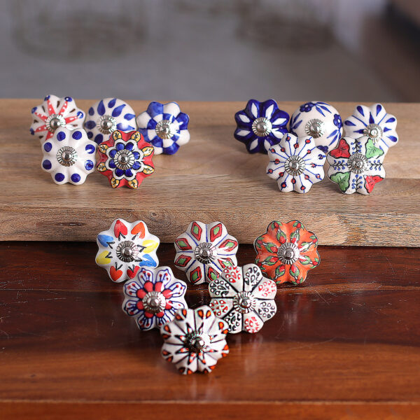 Set of 16 Floral Patterned Multicolor Ceramic Knobs, 'Assorted Splendor' Set of 16 Floral Patterned Multicolor Ceramic Knobs, 'Assorted Splendor'