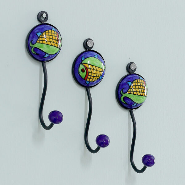 Set of 3 Ceramic Coat Hooks with Hand-Painted Fish Motifs, 'Fish Fantasy' Set of 3 Ceramic Coat Hooks with Hand-Painted Fish Motifs, 'Fish Fantasy'