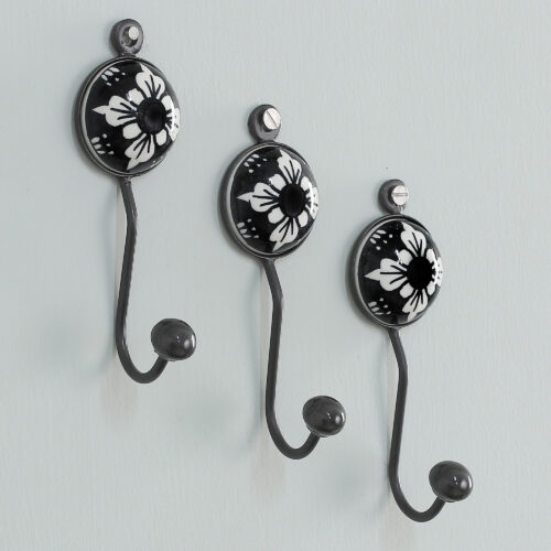 Set of 3 Ceramic Coat Hooks with Hand-Painted Floral Accents, 'Floral Midnight' Set of 3 Ceramic Coat Hooks with Hand-Painted Floral Accents, 'Floral Midnight'