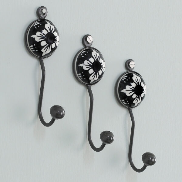Set of 3 Ceramic Coat Hooks with Hand-Painted Floral Accents, 'Floral Midnight' Set of 3 Ceramic Coat Hooks with Hand-Painted Floral Accents, 'Floral Midnight'