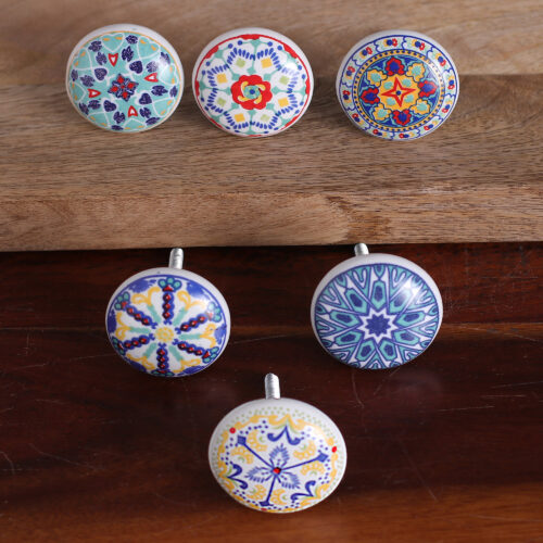 Set of 6 Ceramic Knobs Hand-Painted in Moroccan Tile-Style, 'Moroccan Fantasy' Set of 6 Ceramic Knobs Hand-Painted in Moroccan Tile-Style, 'Moroccan Fantasy'