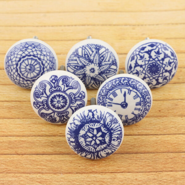 Set of 6 Handcrafted Blue Ceramic Knobs with Unique Patterns, 'Blue Imagination' Set of 6 Handcrafted Blue Ceramic Knobs with Unique Patterns, 'Blue Imagination'