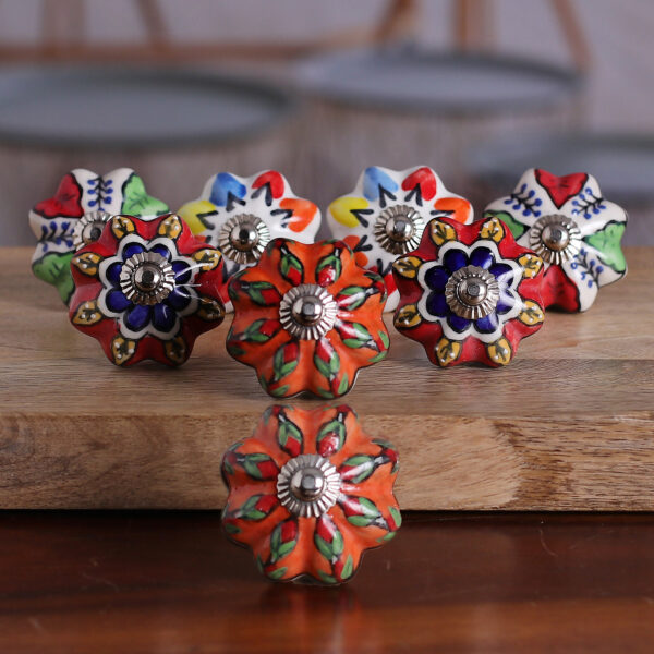 Set of 8 Floral Multicolor Ceramic Knobs from India, 'Vibrant Utopia' Set of 8 Floral Multicolor Ceramic Knobs from India, 'Vibrant Utopia'