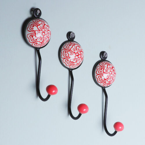 Set of Three Floral Red Ceramic and Brass Coat Hooks, 'Floral Muse in Red' Set of Three Floral Red Ceramic and Brass Coat Hooks, 'Floral Muse in Red'