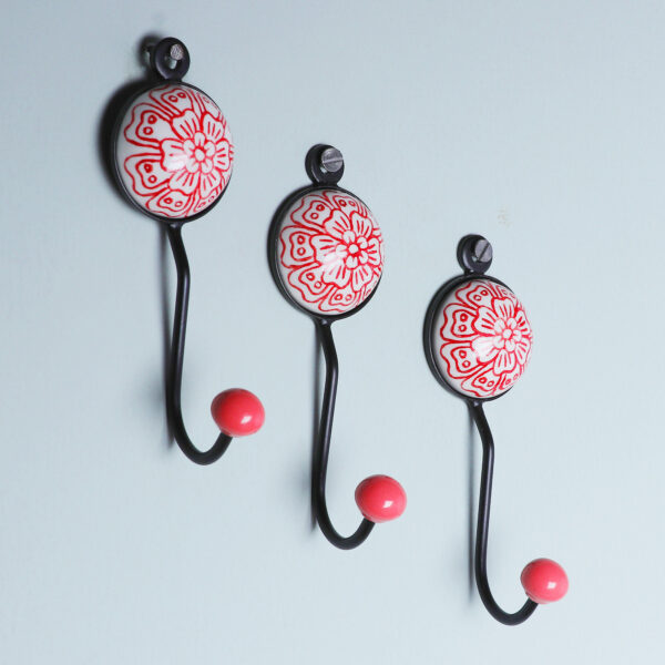 Set of Three Floral Red Ceramic and Brass Coat Hooks, 'Floral Muse in Red' Set of Three Floral Red Ceramic and Brass Coat Hooks, 'Floral Muse in Red'