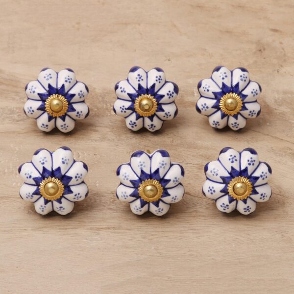 Six Ceramic Floral Knobs in Blue and White from India, 'Lapis Flowers' Six Ceramic Floral Knobs in Blue and White from India, 'Lapis Flowers'