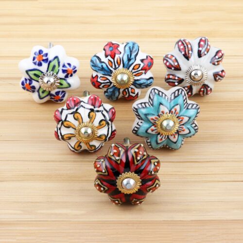 Six Unique Colorful Ceramic Flower Knobs, 'Bohemian Bouquet' Six Unique Colorful Ceramic Flower Knobs, 'Bohemian Bouquet'
