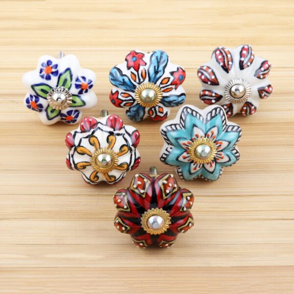 Six Unique Colorful Ceramic Flower Knobs, 'Bohemian Bouquet' Six Unique Colorful Ceramic Flower Knobs, 'Bohemian Bouquet'