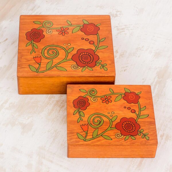 Square Pinewood Red-Orange Flowers Decorative Boxes (Pair), 'Glorious Garden' Square Pinewood Red-Orange Flowers Decorative Boxes (Pair), 'Glorious Garden'