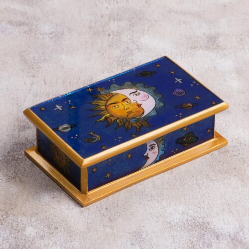 Sun-Themed Reverse Painted Glass Decorative Box from Peru, 'Solar Love' Sun-Themed Reverse Painted Glass Decorative Box from Peru, 'Solar Love'
