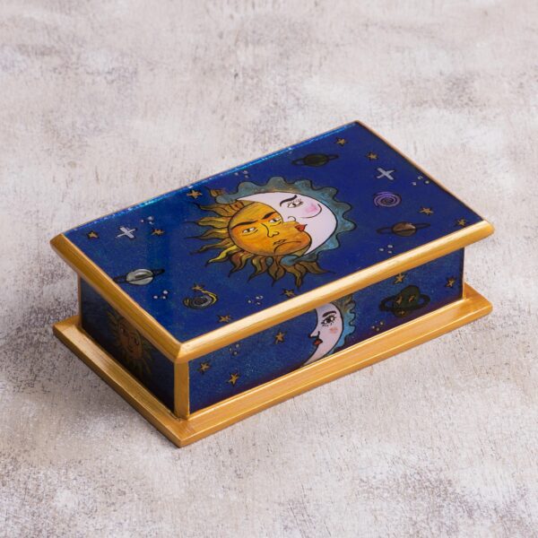 Sun-Themed Reverse Painted Glass Decorative Box from Peru, 'Solar Love' Sun-Themed Reverse Painted Glass Decorative Box from Peru, 'Solar Love'