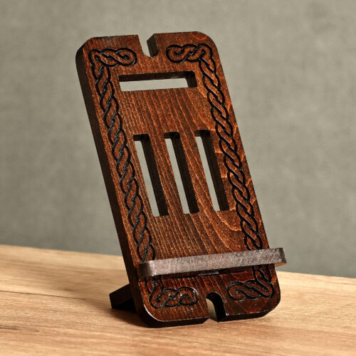 Traditional Handcrafted Dark Brown Beechwood Phone Holder, 'Ancestor's Night Blessing'