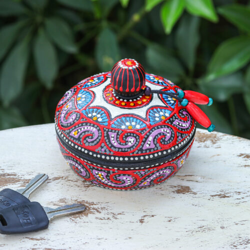 Traditional Thai Mango Wood Decorative Box in Red and Purple, 'Floral Marvel in Purple' Traditional Thai Mango Wood Decorative Box in Red and Purple, 'Floral Marvel in Purple'