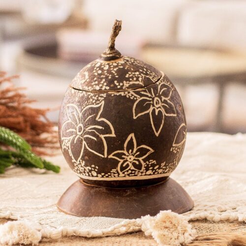 Tropical Floral Handmade Round Dried Gourd Decorative Accent, 'Caribbean Flowers' Tropical Floral Handmade Round Dried Gourd Decorative Accent, 'Caribbean Flowers'