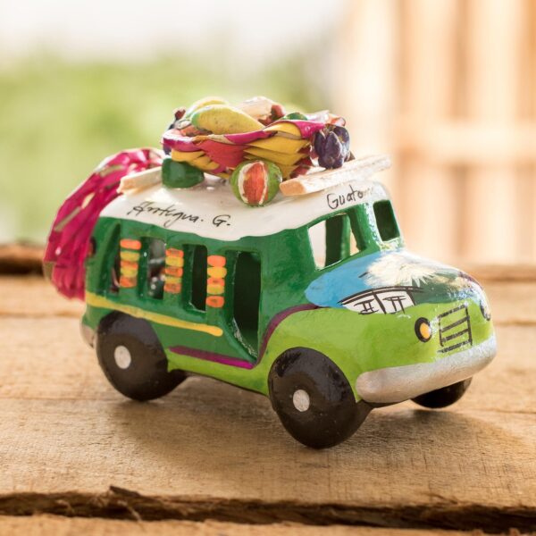 Two Tone Green Ceramic Bus Figurine from Guatemala, 'Green Old Time Bus' Two Tone Green Ceramic Bus Figurine from Guatemala, 'Green Old Time Bus'