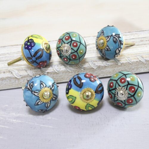 Vibrant Floral Ceramic Knobs from India (Set of 6), 'Charming Globes' Vibrant Floral Ceramic Knobs from India (Set of 6), 'Charming Globes'