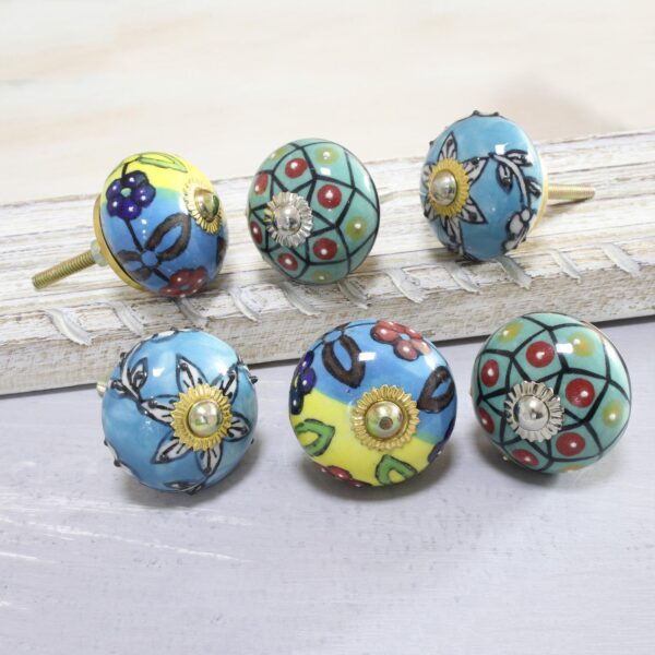 Vibrant Floral Ceramic Knobs from India (Set of 6), 'Charming Globes' Vibrant Floral Ceramic Knobs from India (Set of 6), 'Charming Globes'