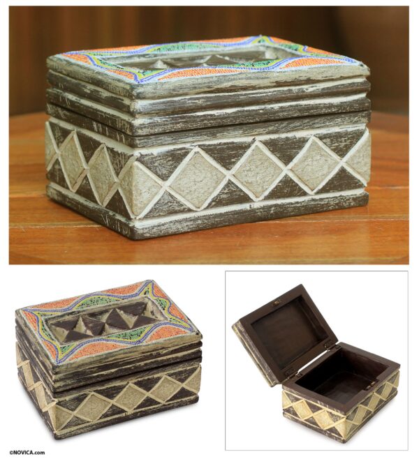 West African Beaded Wood Jewelry Box, 'Ghana Tradition' West African Beaded Wood Jewelry Box, 'Ghana Tradition'