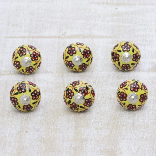 Yellow and Red Floral Ceramic Cabinet Knobs (Set of 6), 'Flower Bed' Yellow and Red Floral Ceramic Cabinet Knobs (Set of 6), 'Flower Bed'