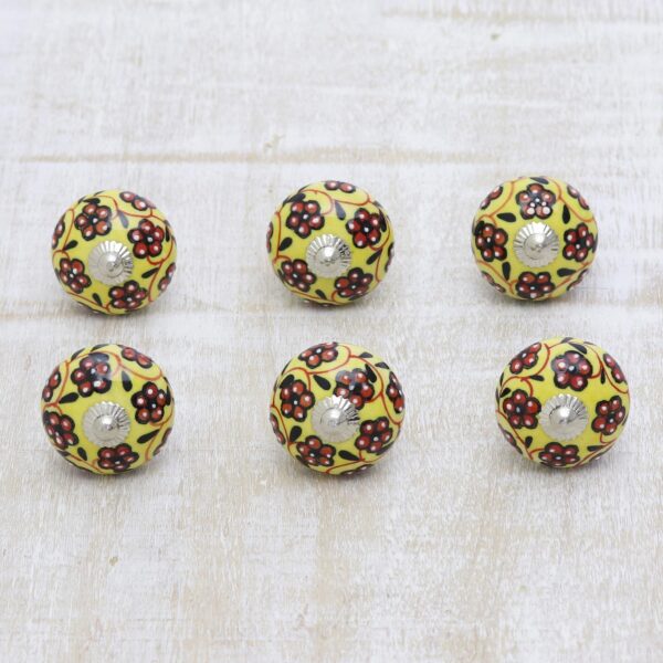 Yellow and Red Floral Ceramic Cabinet Knobs (Set of 6), 'Flower Bed' Yellow and Red Floral Ceramic Cabinet Knobs (Set of 6), 'Flower Bed'